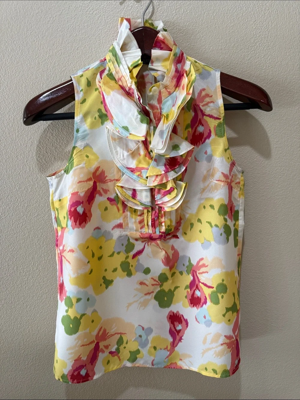 J. Crew Sleeveless Floral Ruffle Neck Top - White/Pink/Yellow/Green